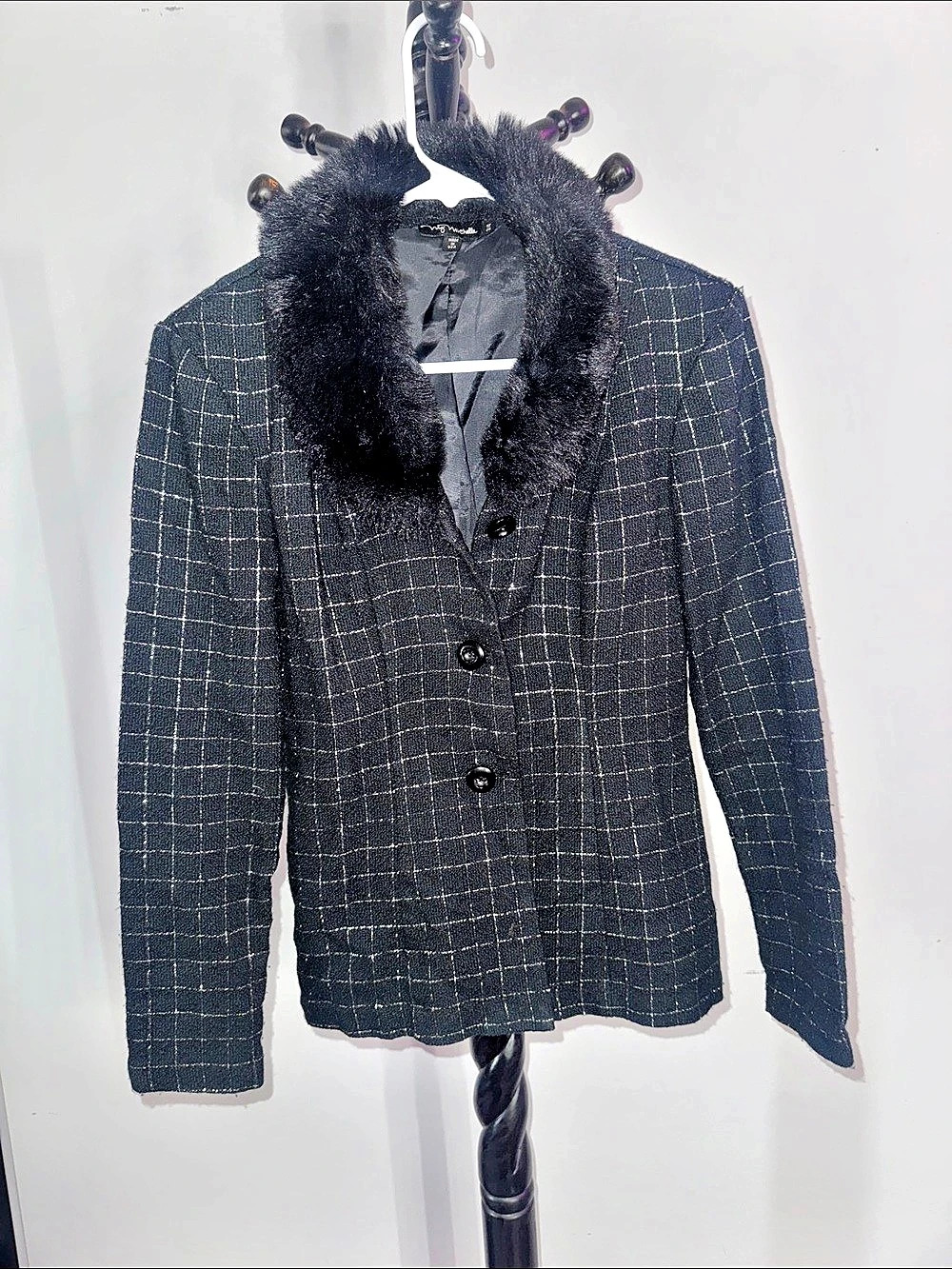 My Michelle Checkered Faux Fur Collar Blazer in Black & White Size Small